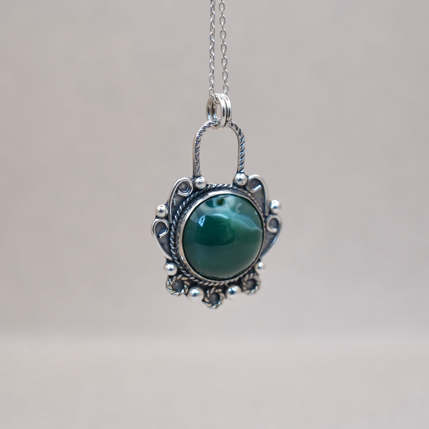 Green Agate Circle Pendant with 925 Oxidised Sterling Silver Embroidery