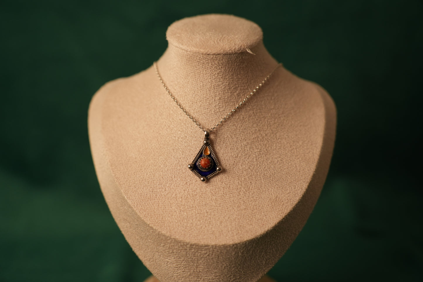 Amazigh-Inspired Sterling Silver Pendant with Coral Gemstone