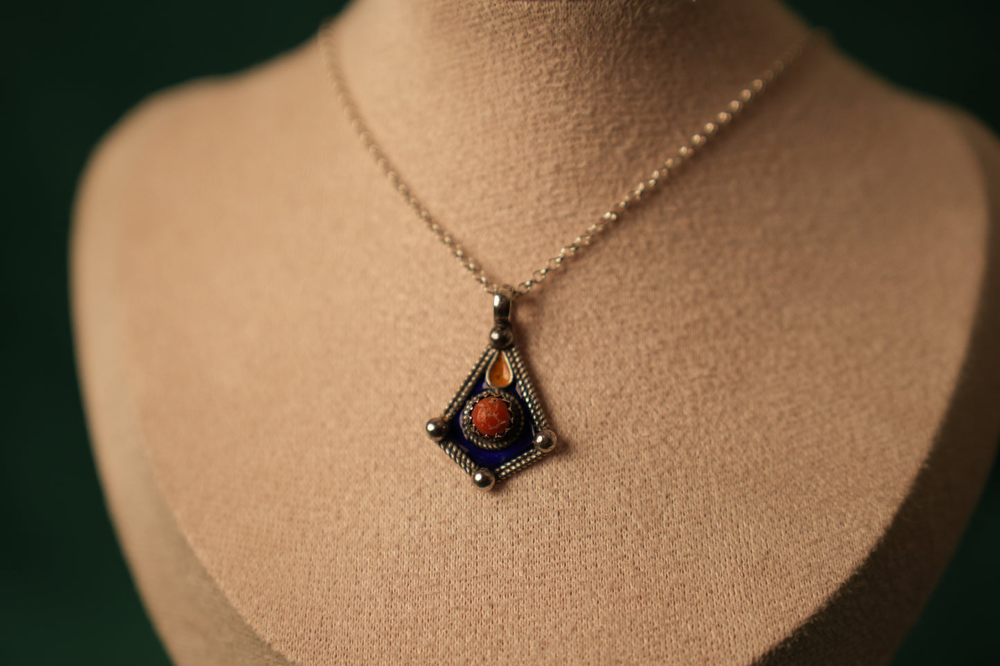 Amazigh-Inspired Sterling Silver Pendant with Coral Gemstone