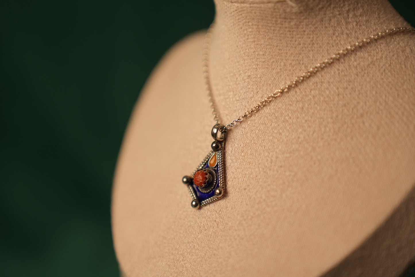 Amazigh-Inspired Sterling Silver Pendant with Coral Gemstone