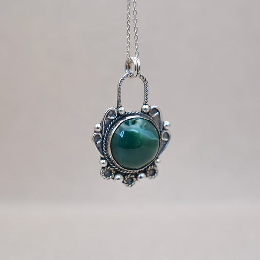 Green Agate Circle Pendant with  925 Oxidised Sterling Silver Embroidery