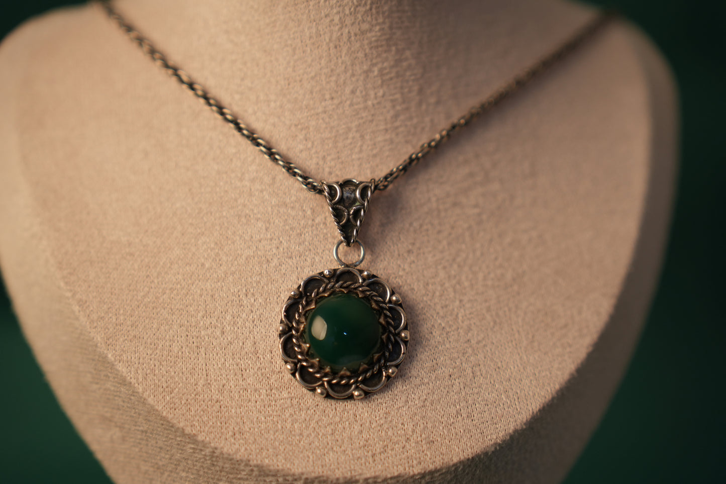 Green Agate Circle Pendant with North African-Inspired Embroidery