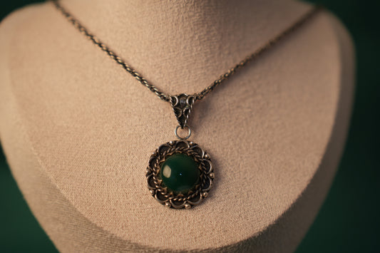Green Agate Circle Pendant with North African-Inspired Embroidery